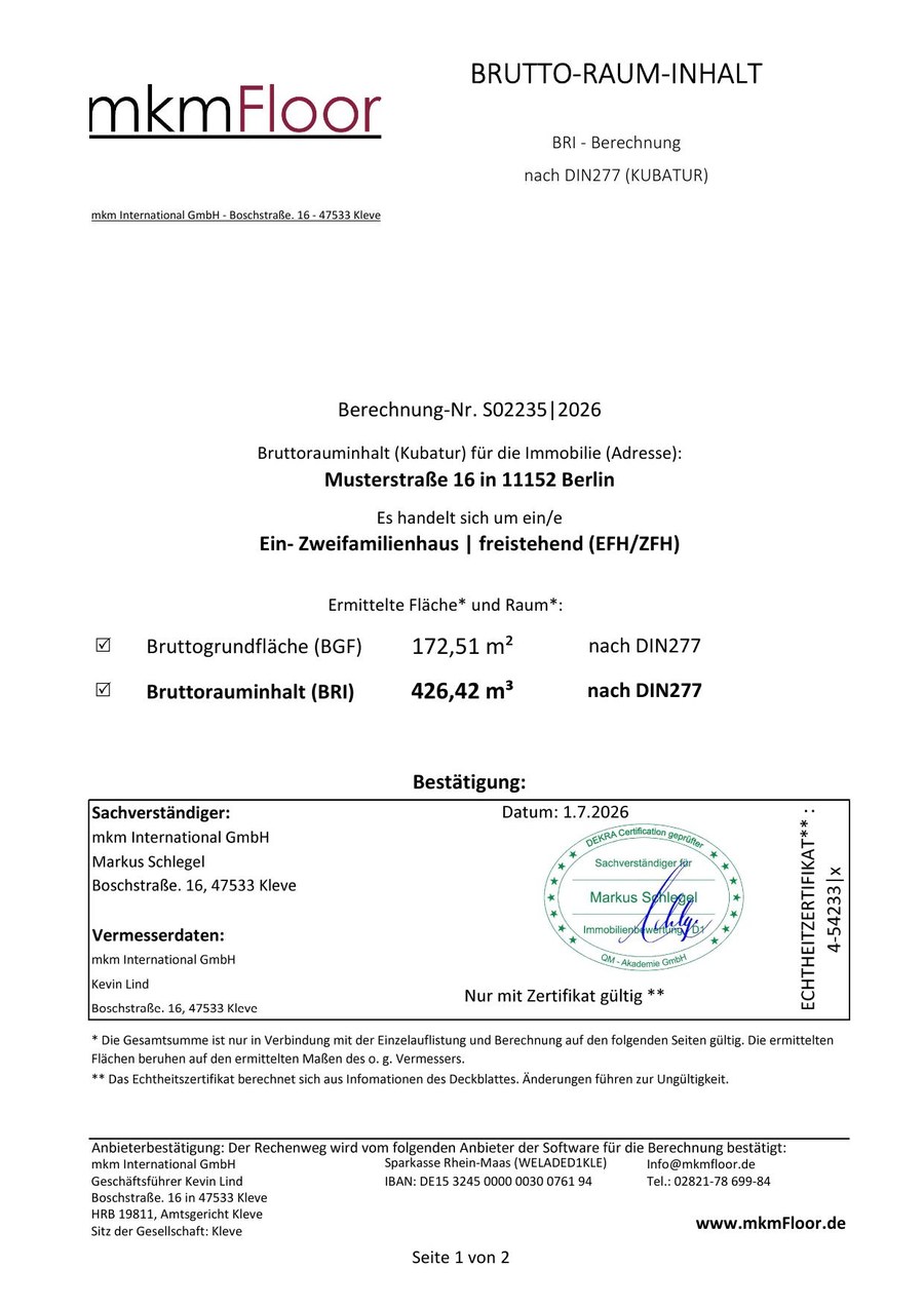 Musterdokument einer BRI-Berechnung nach DIN 277 mit Bruttorauminhalt 426,42 m³, Bruttogrundfläche 172,51 m² und Sachverständigenbestätigung