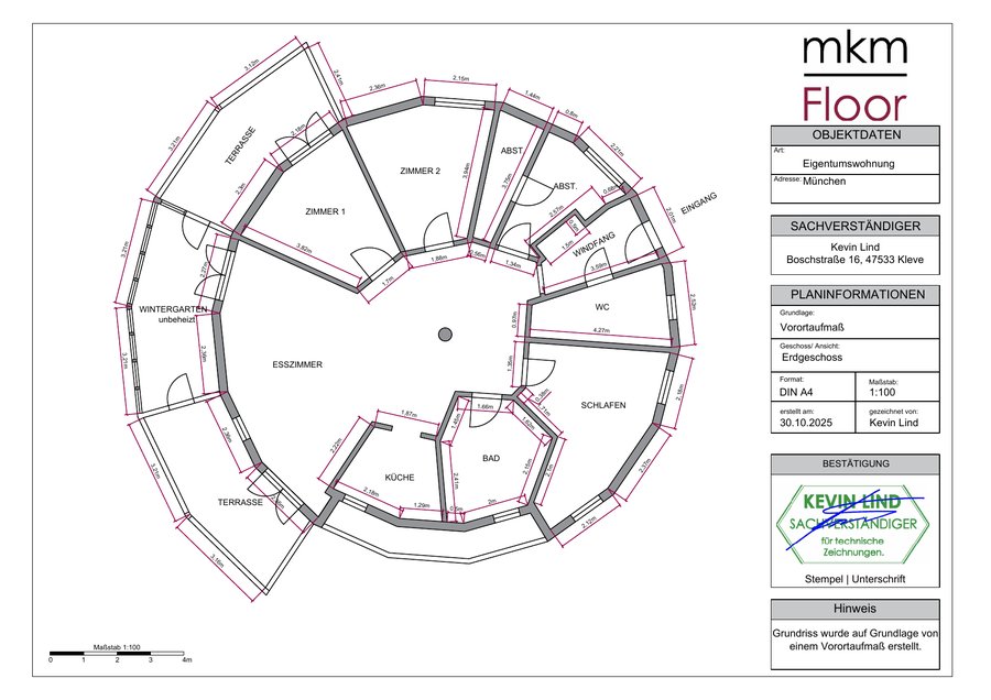 Beispiel eines Grundrisses auf Basis eines Vor-Ort-Aufmaßes von mkmFloor
