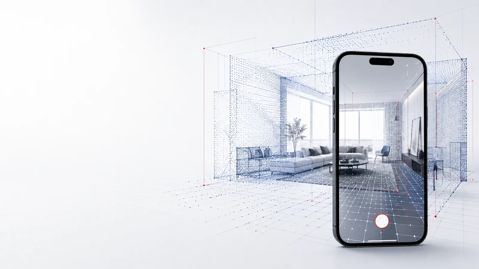 Smartphone with the mkm|Scan app capturing a living room as a 3D point cloud