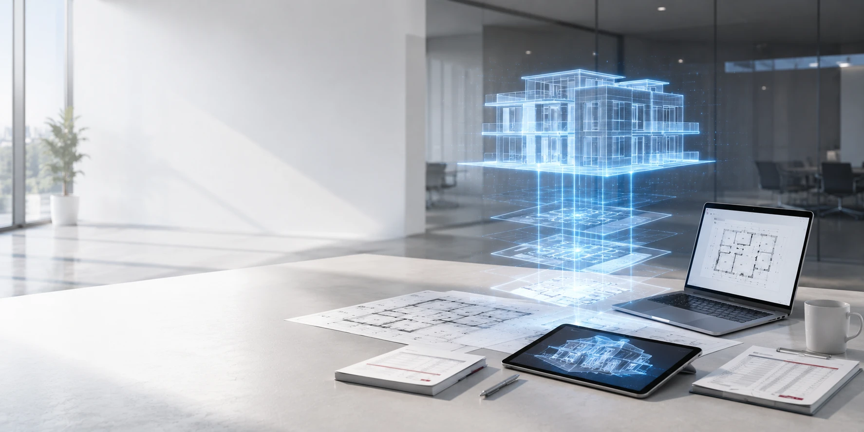 Besprechungstisch mit Grundrissen, Laptop und Tablet, darüber schwebt ein Gebäude als Hologramm, im Hintergrund ein heller Konferenzraum
