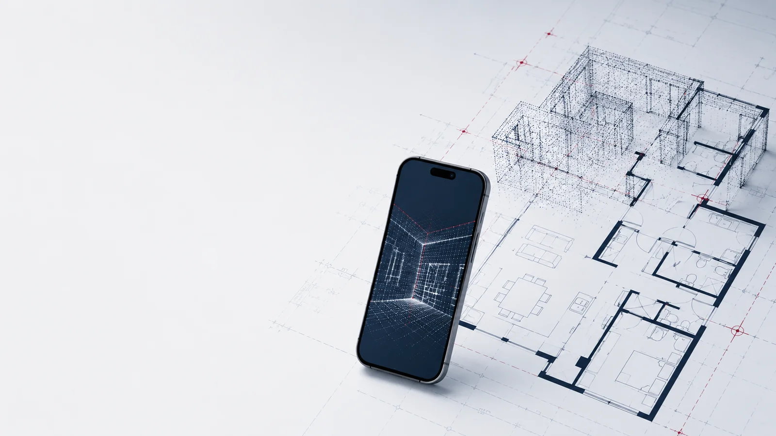 Smartphone mit 3D-Scan neben einem Grundriss auf Blaupausen-Papier