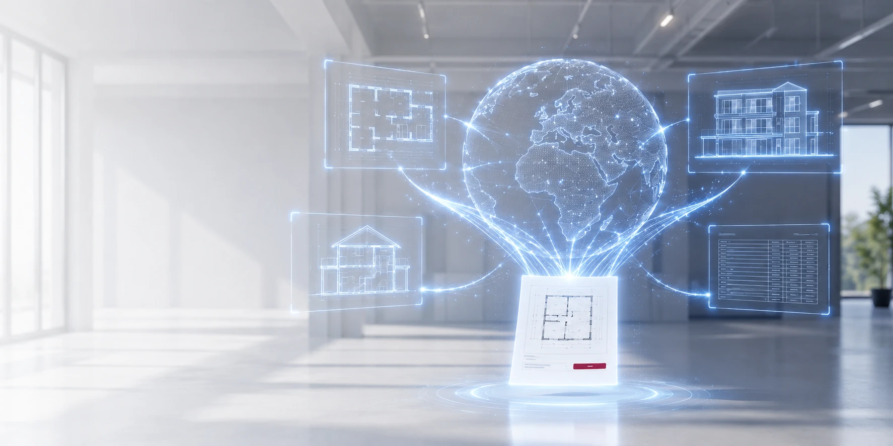 Digitaler Globus mit Verbindungslinien zu schwebenden Hologrammen aus Grundriss, Gebäudeansicht, Gebäudeschnitt und Flächenaufstellung, die zu einem fertigen Dokument zusammenlaufen