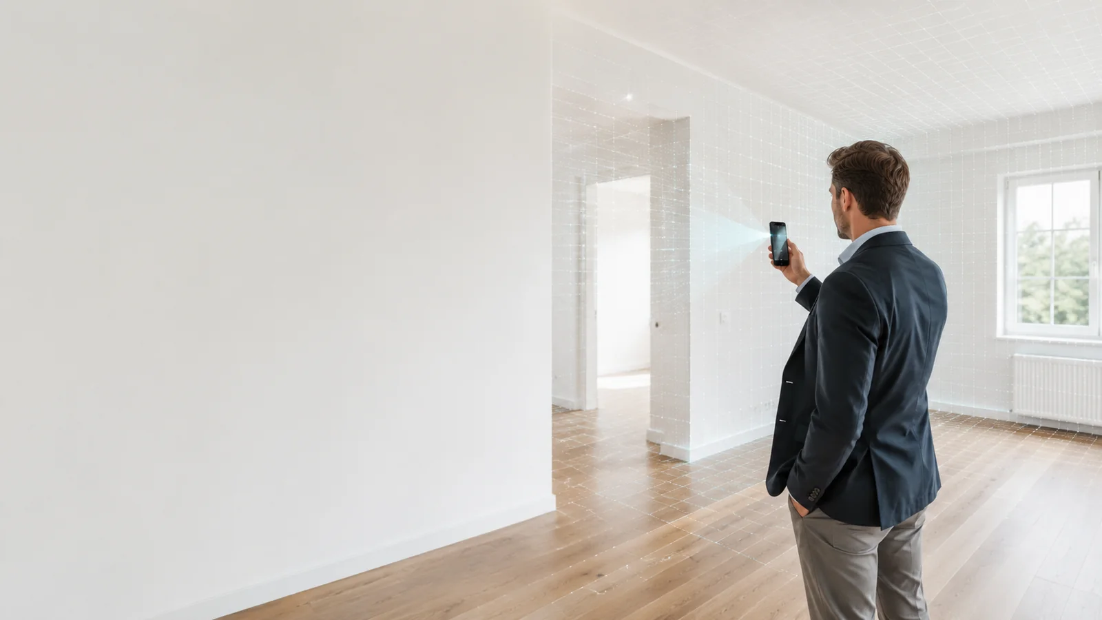 Person scannt eine leere Wohnung selbst mit dem Smartphone