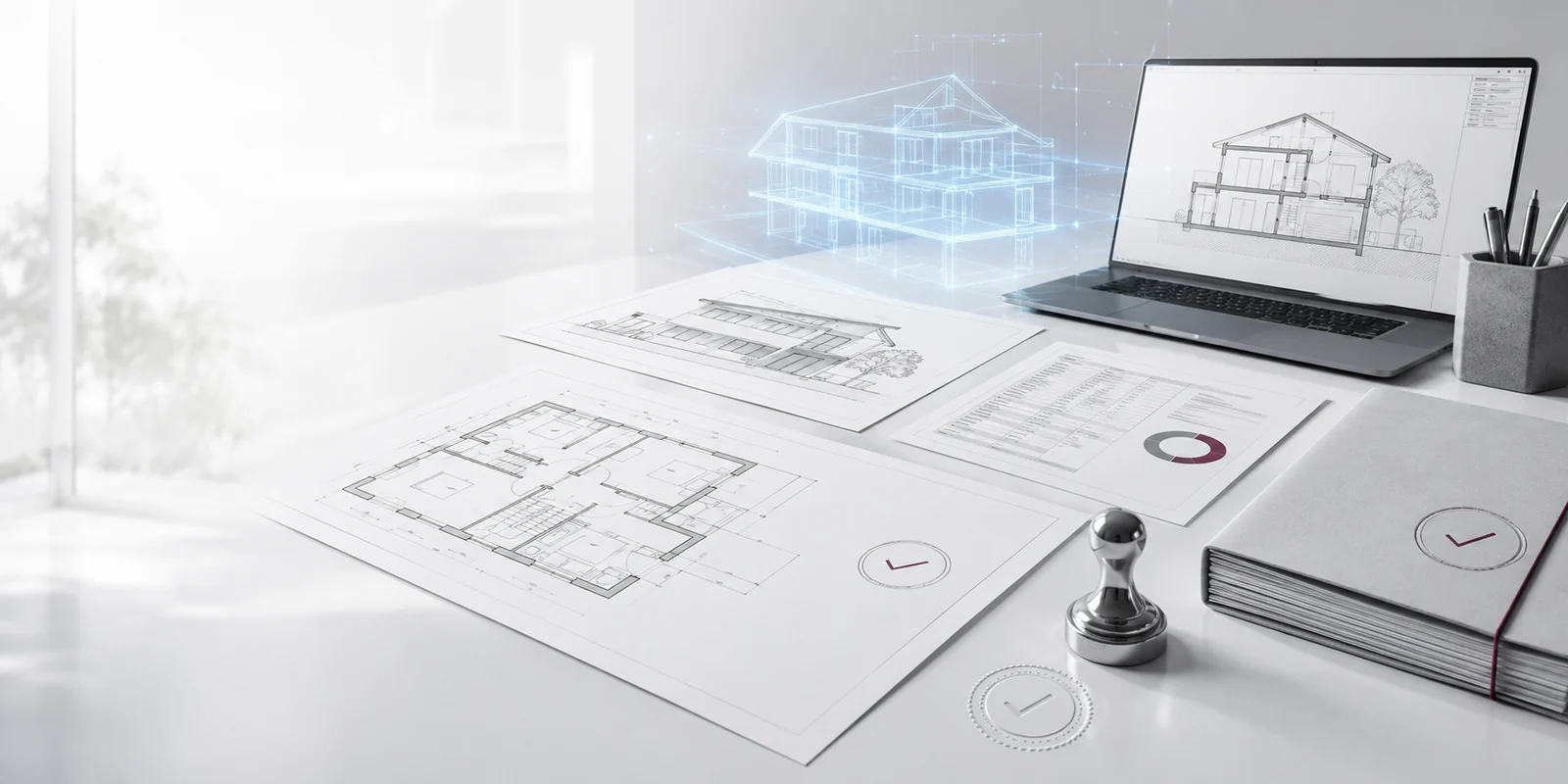 A complete set of documents on a desk: dimensioned floor plan and building elevation, area schedule, building section on a laptop, plus a inspection stamp and bound documents with a seal