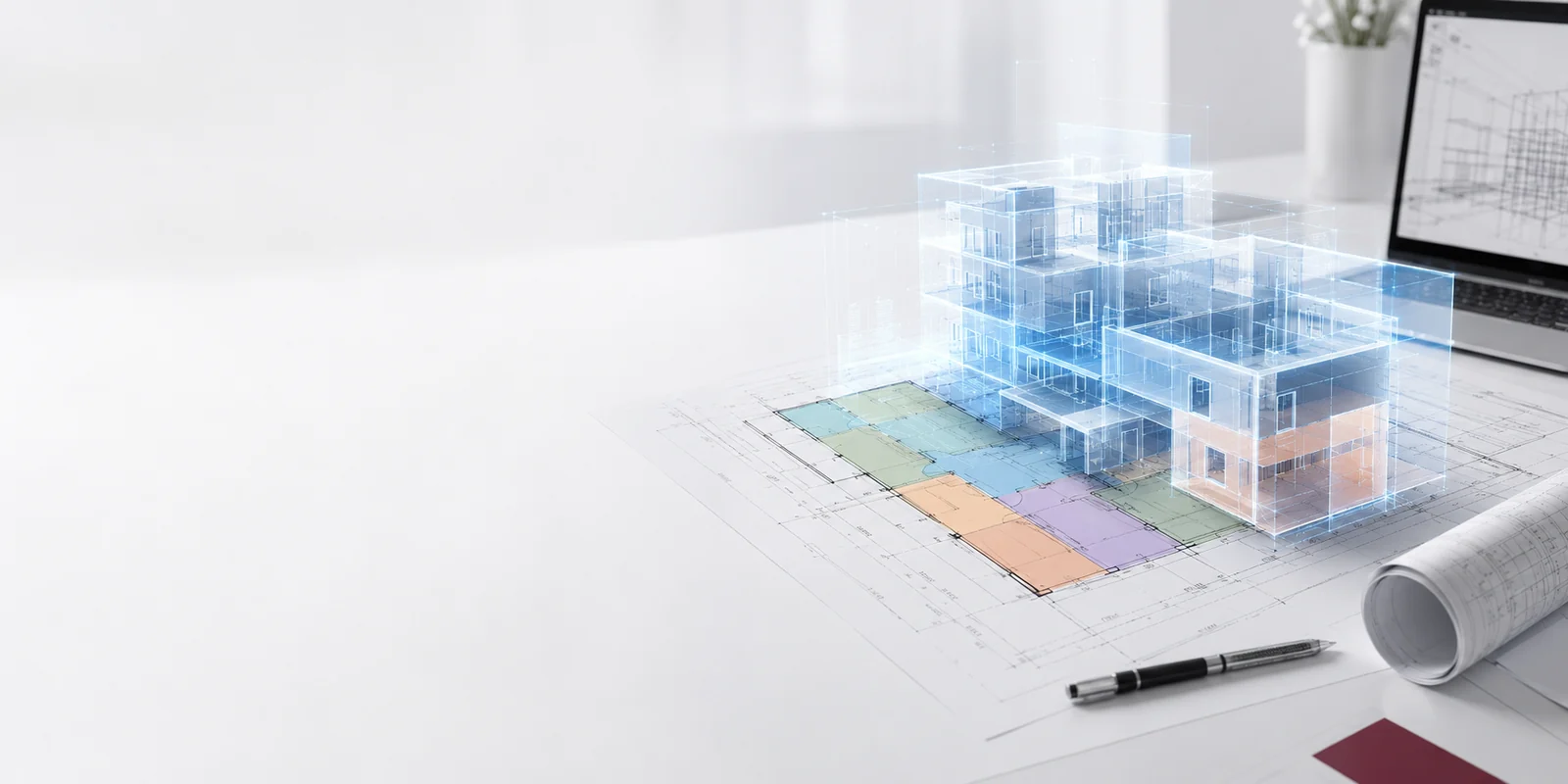 Holographic 3D model of a multi-storey building above a construction drawing whose rooms are colour-coded by area type, next to a laptop showing a building model and rolled-up plans
