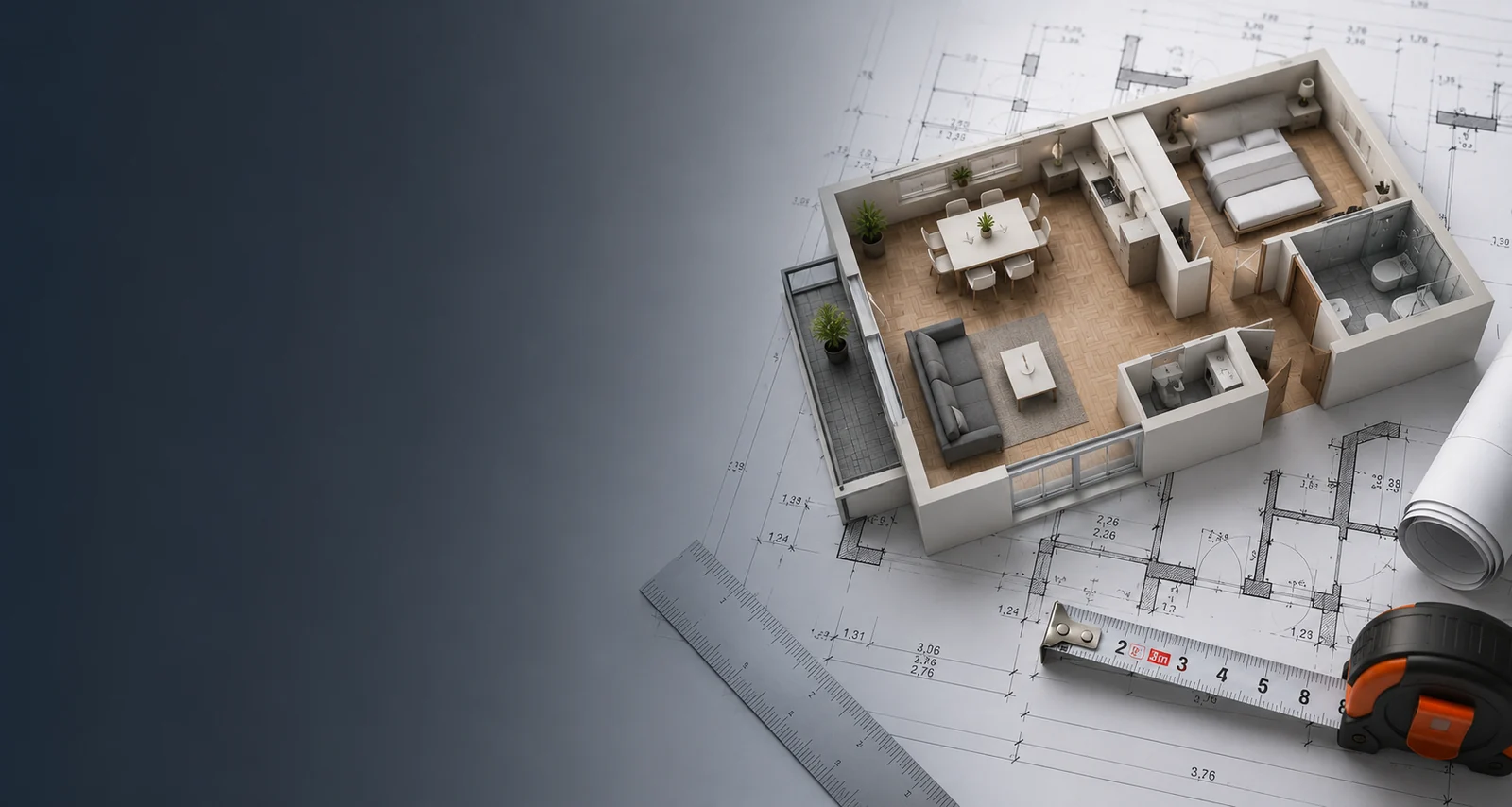 3D model of an apartment with living room, bedroom, kitchen, bathroom and balcony, placed on dimensioned construction drawings, next to a scale ruler and a tape measure