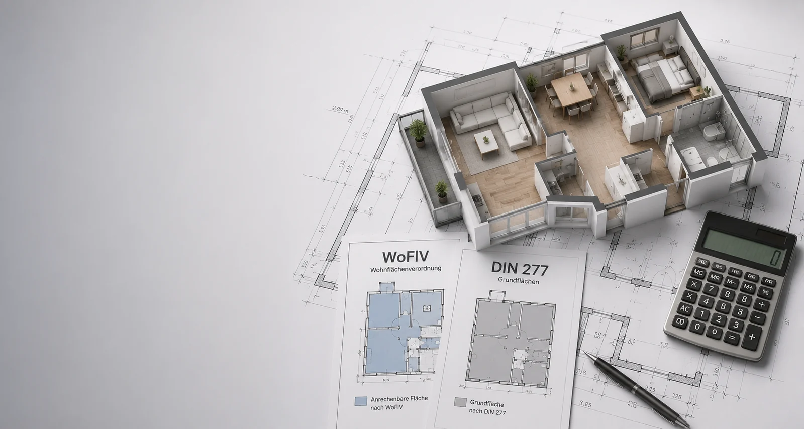 Two floor plan sheets side by side — one with the area countable under the WoFlV marked in blue, one with the floor area under DIN 277 marked in grey — next to a 3D apartment model, calculator and pen on construction drawings